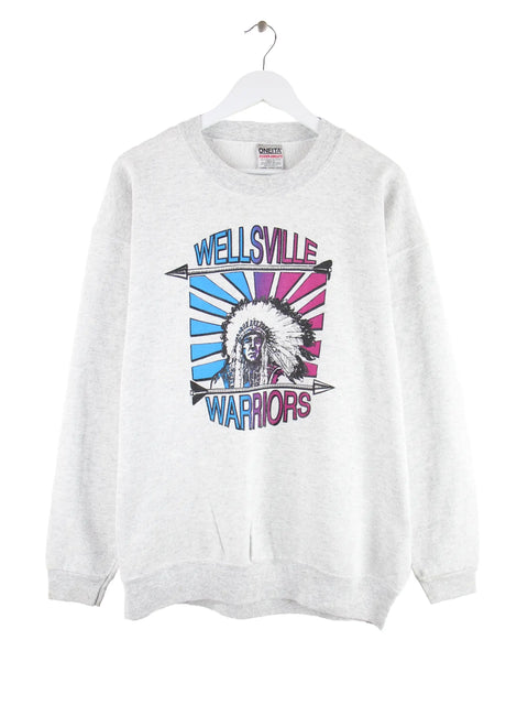 Oneita 90s Vintage Wellsville Warriors Print Sweater Grau XL