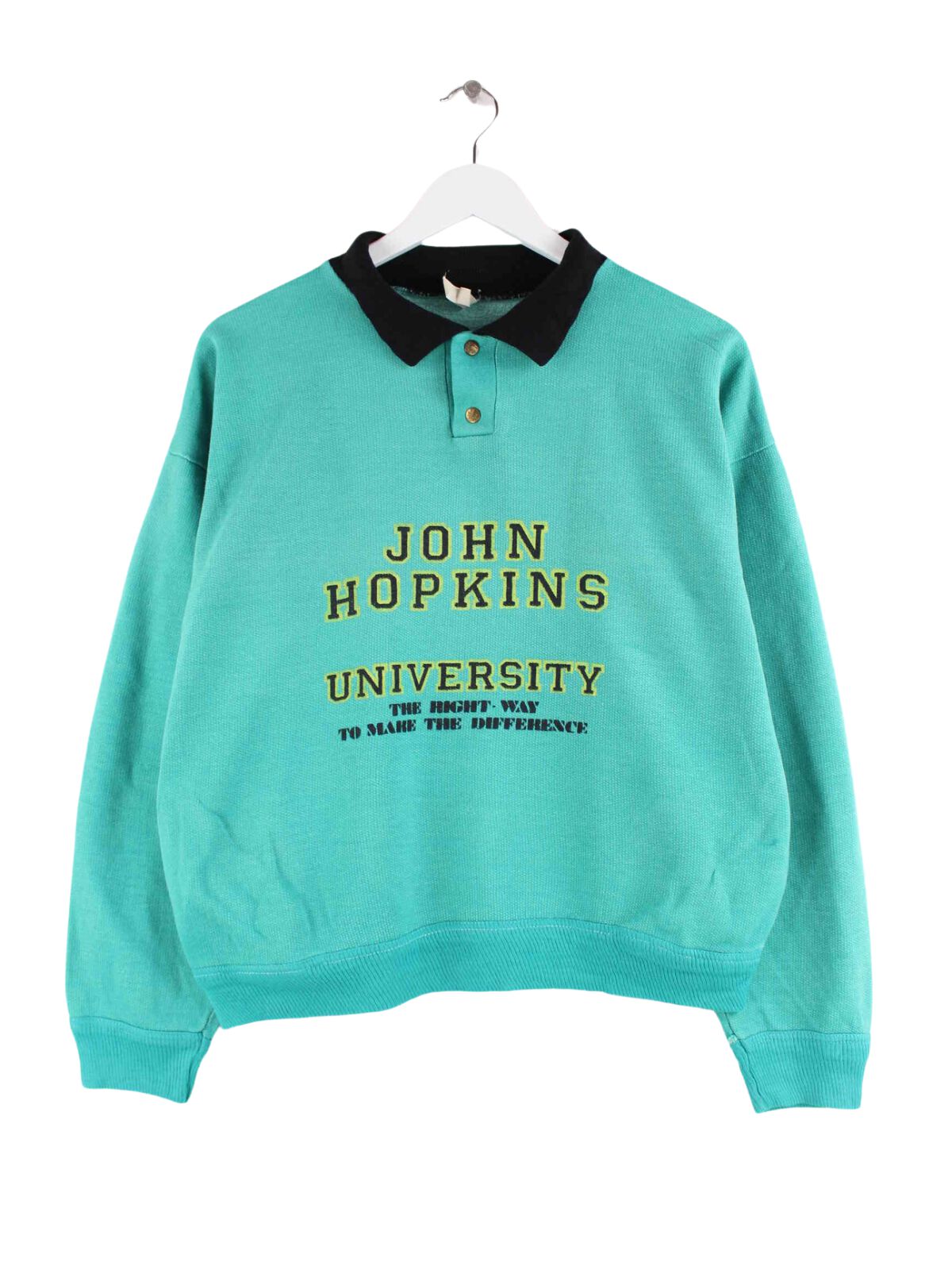 Vintage 80s Hopkins University Print Sweater Türkis S (front image)