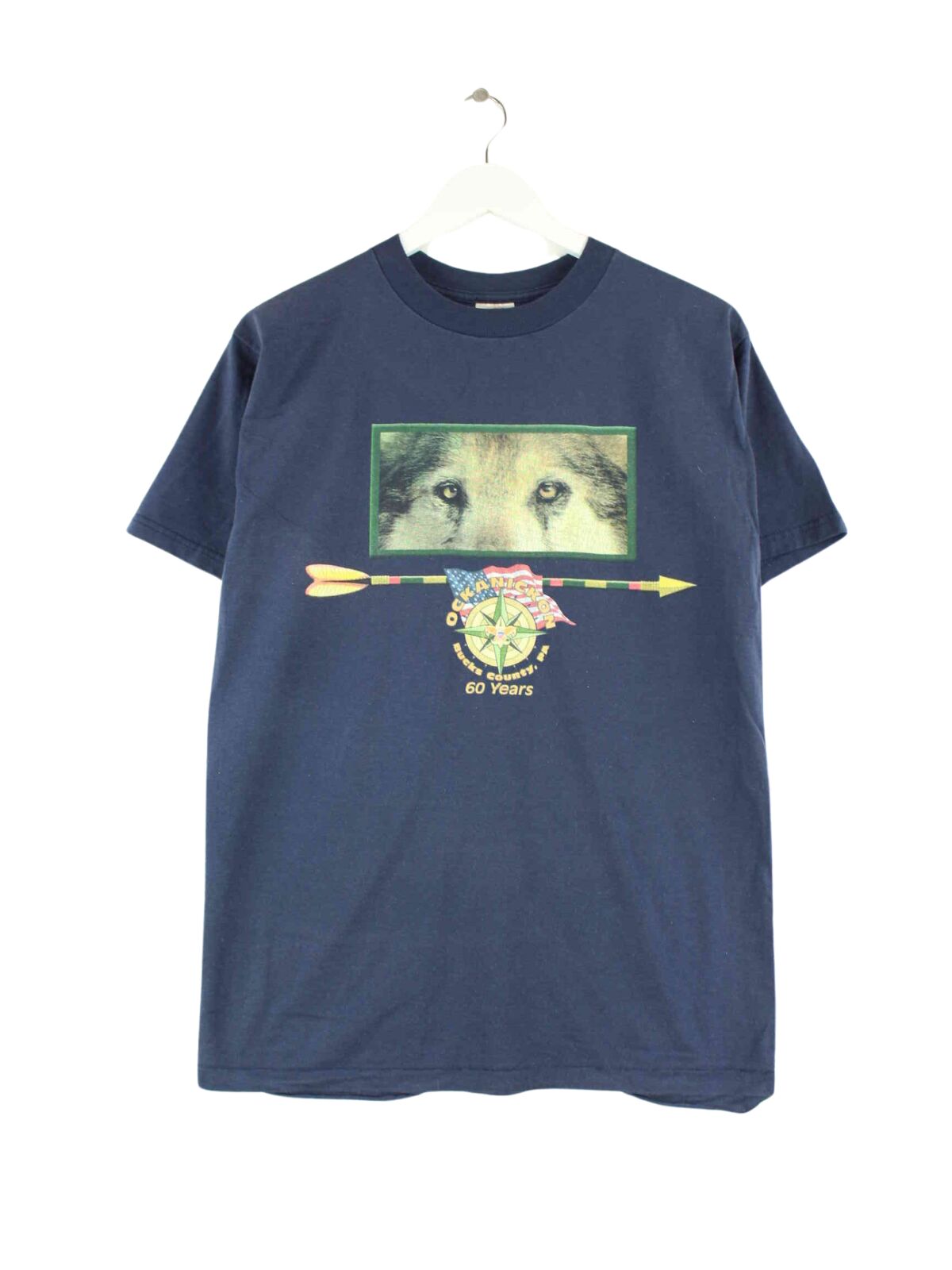 Fruit of the Loom 90s Vintage Ockanickon Print T-Shirt Blau M (front image)
