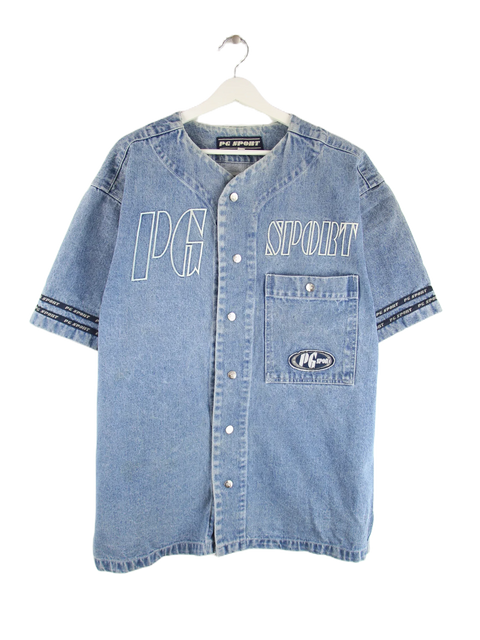 Vintage 90s Spellout Jeans Kurzarm Freizeit Hemd Blau 3XL