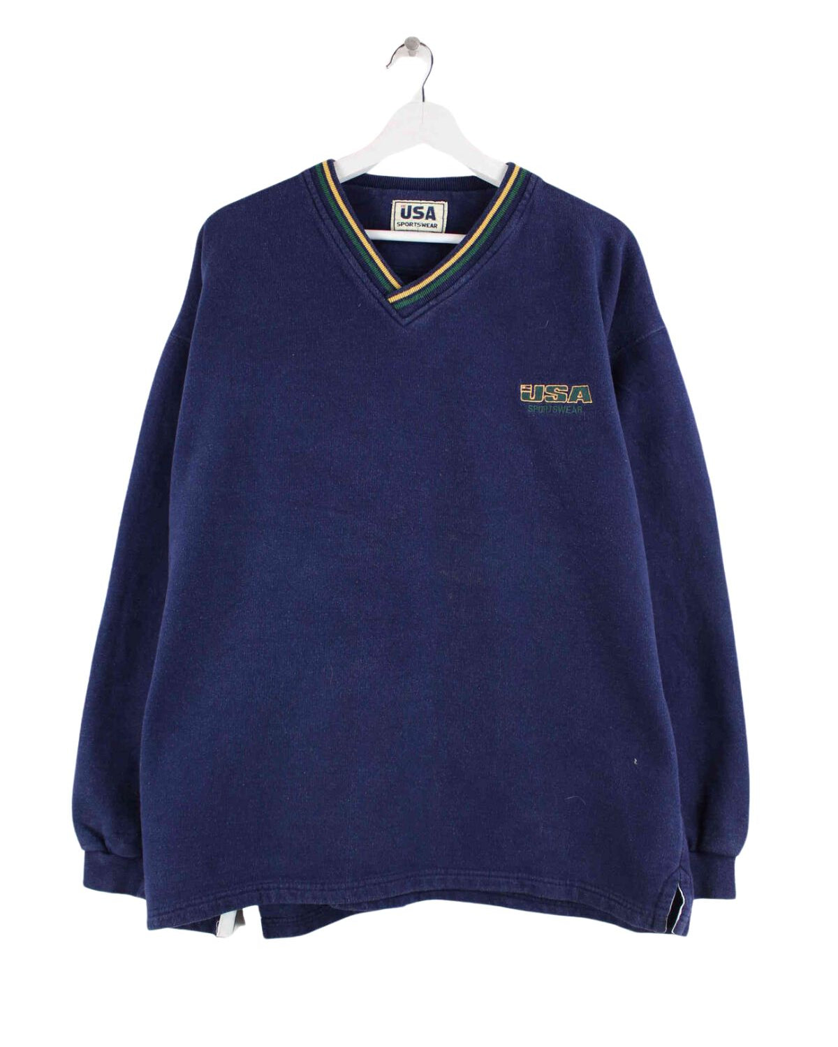 Vintage 90s USA Sportswear V-Neck Sweater Blau L (front image)