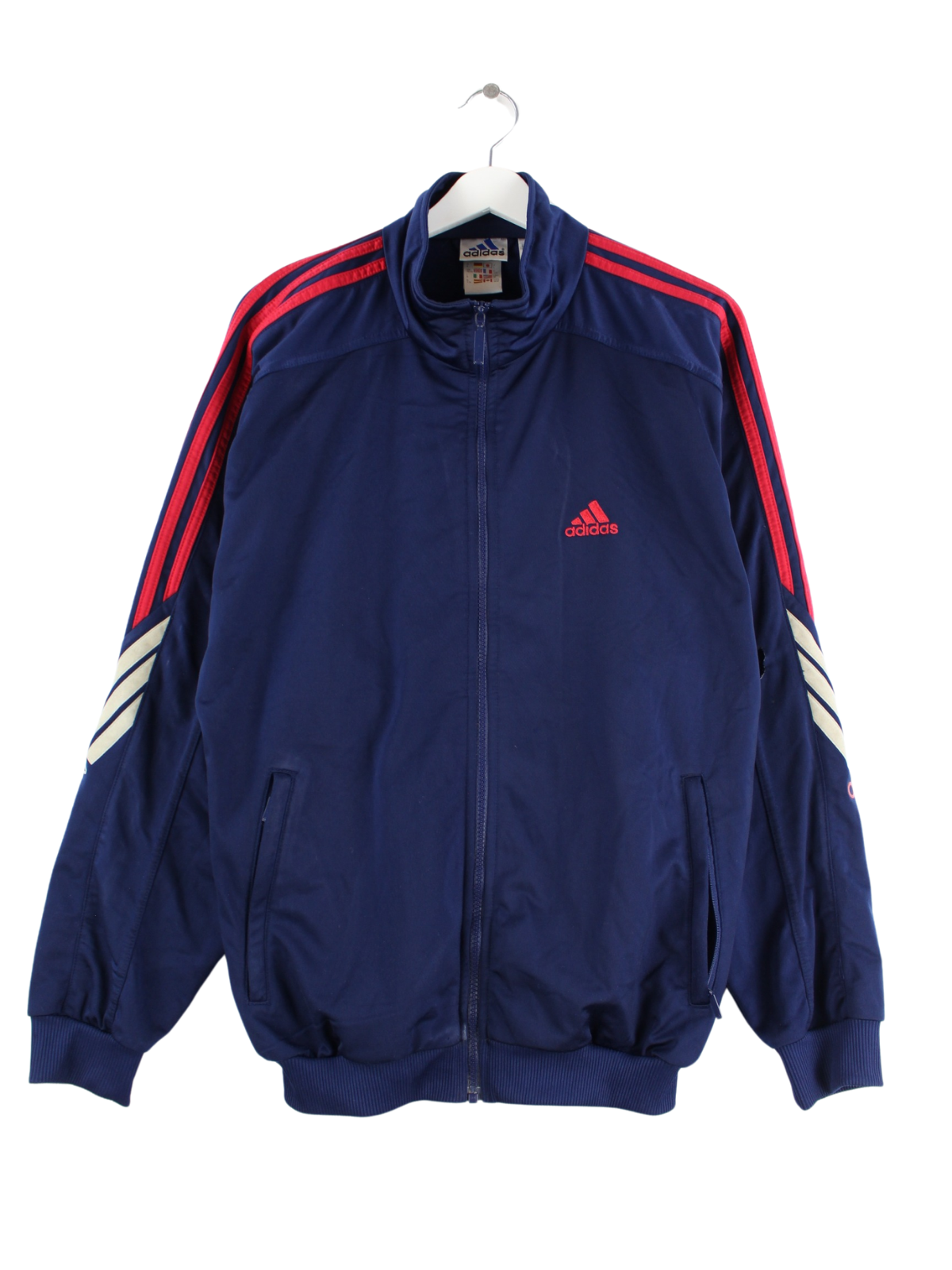 Blue adidas jacket with red stripes on sale