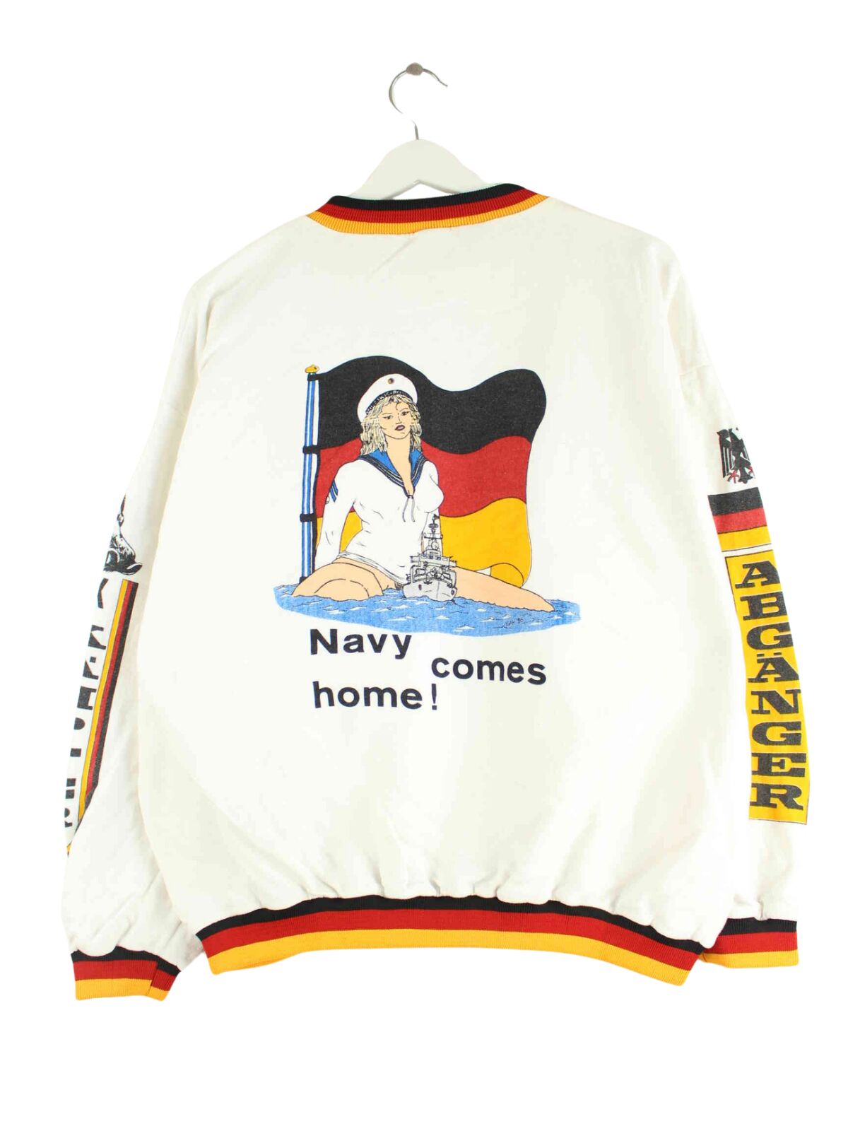 Vintage 80s German Navy Print Sweater Weiß M (back image)