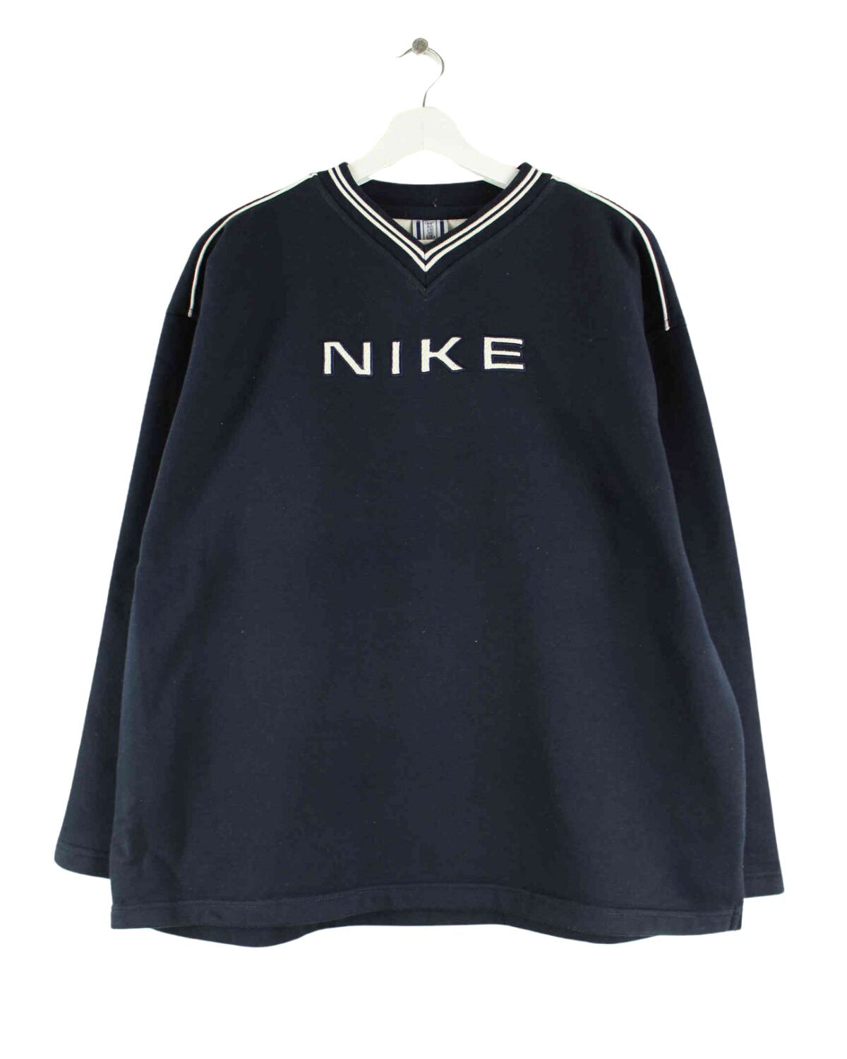 Nike 90s Vintage Spellout Embroidered V-Neck Sweater Blau L (front image)