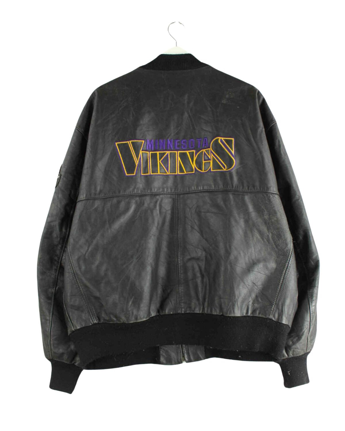 DeLONG 90s Vintage Minnesota Vikings Embroidered Leder Jacke Schwarz XL (back image)