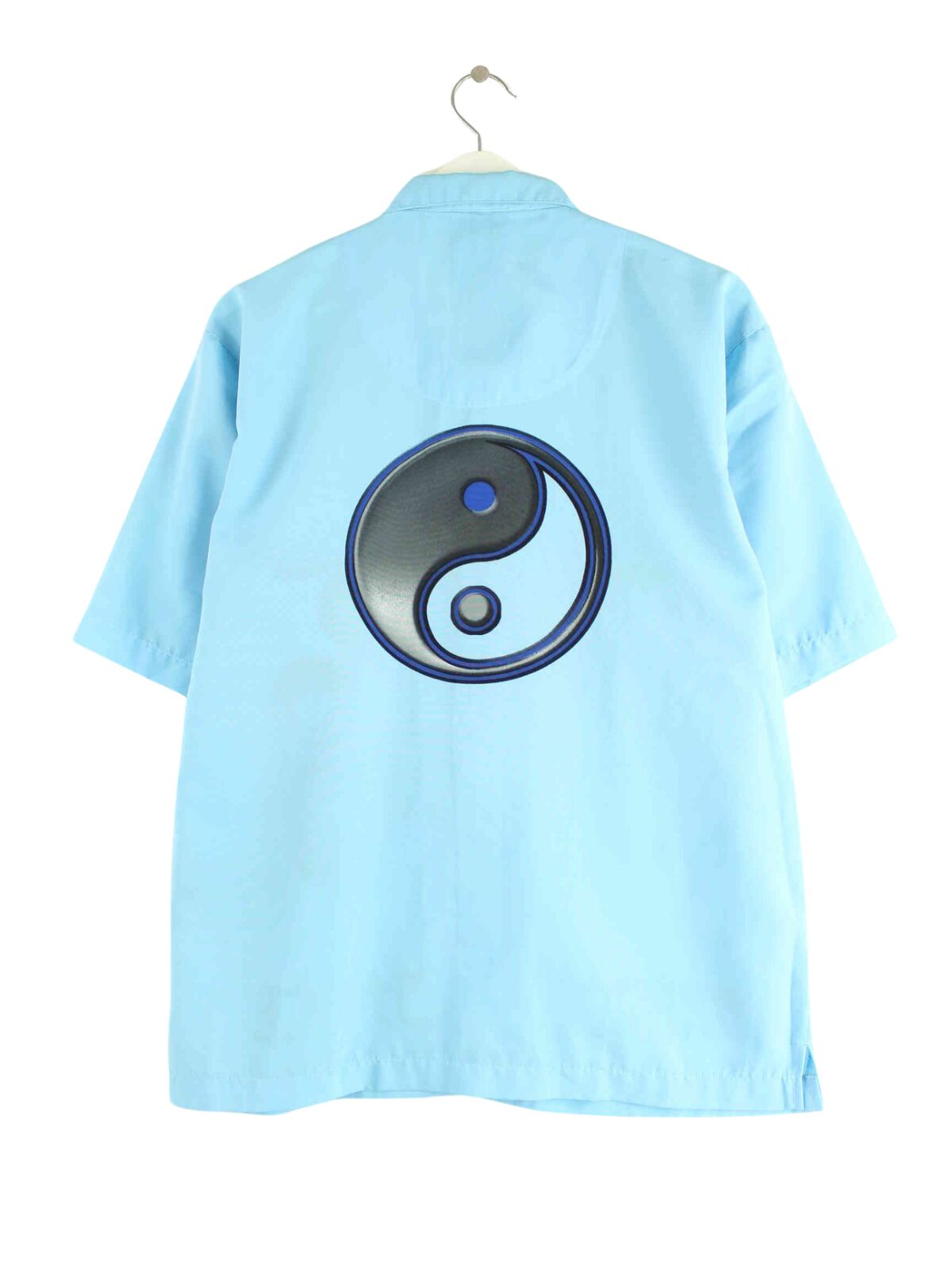 Vintage y2k Ying Yang Dragon Print Kurzarm Hemd Blau XL (back image)