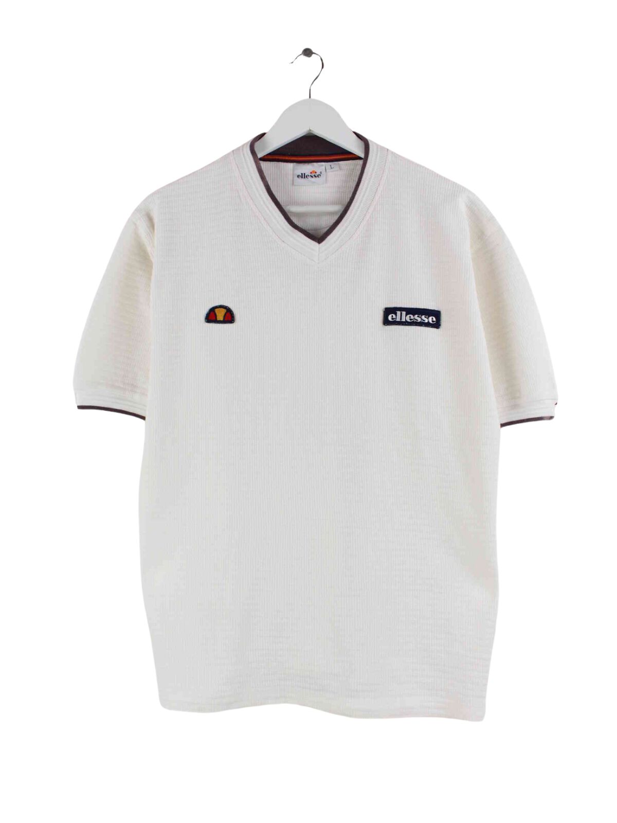 Ellesse y2k Embroidered V-Neck T-Shirt Beige M (front image)