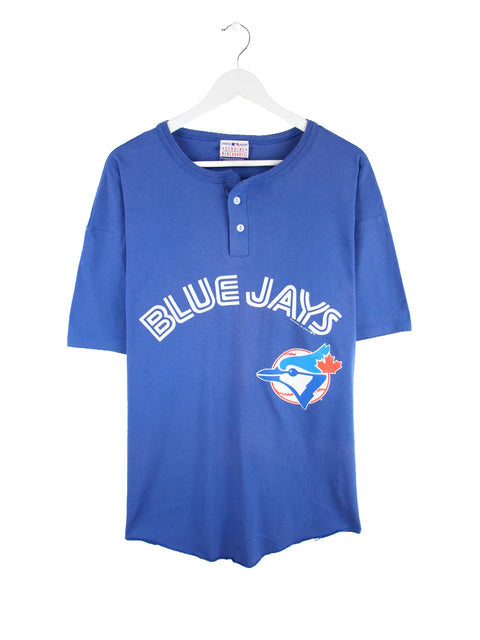 MLB 1995 Vintage Blue Jays Print Half Button Single Stitch T-Shirt Blau XXL