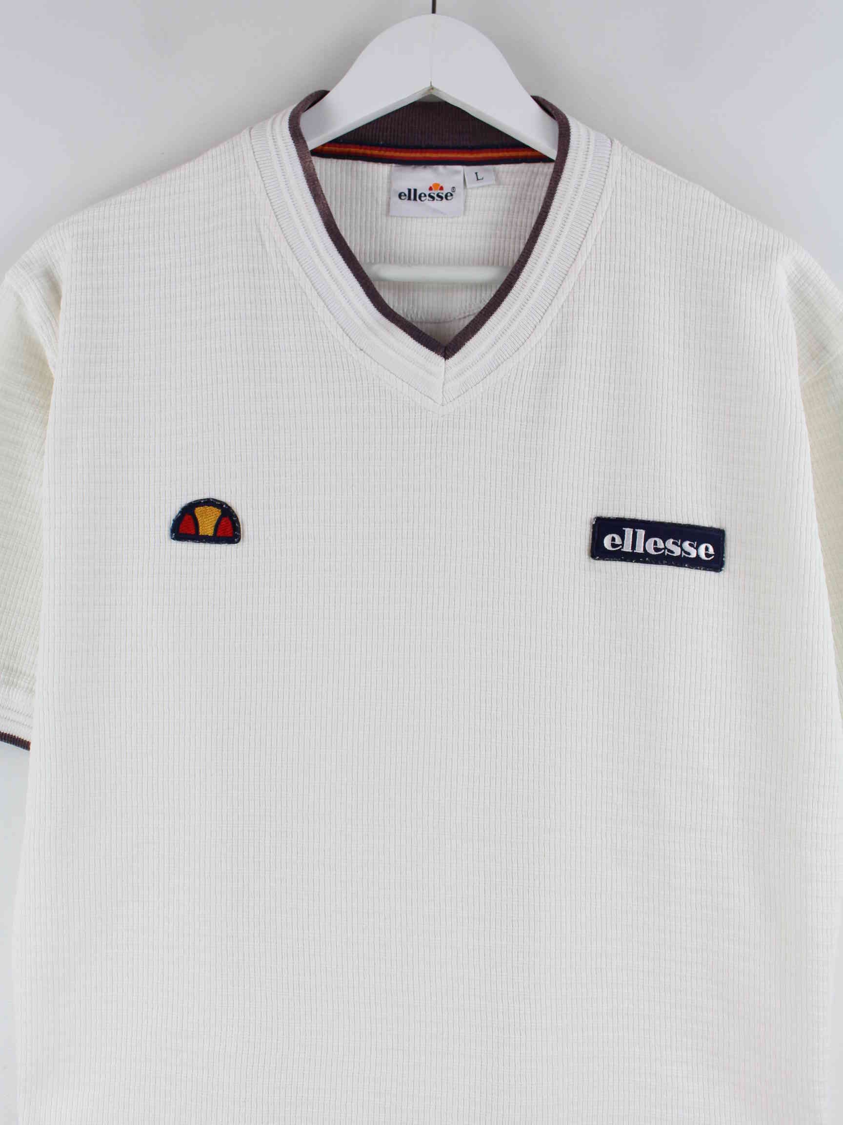 Ellesse y2k Embroidered V-Neck T-Shirt Beige M (detail image 1)