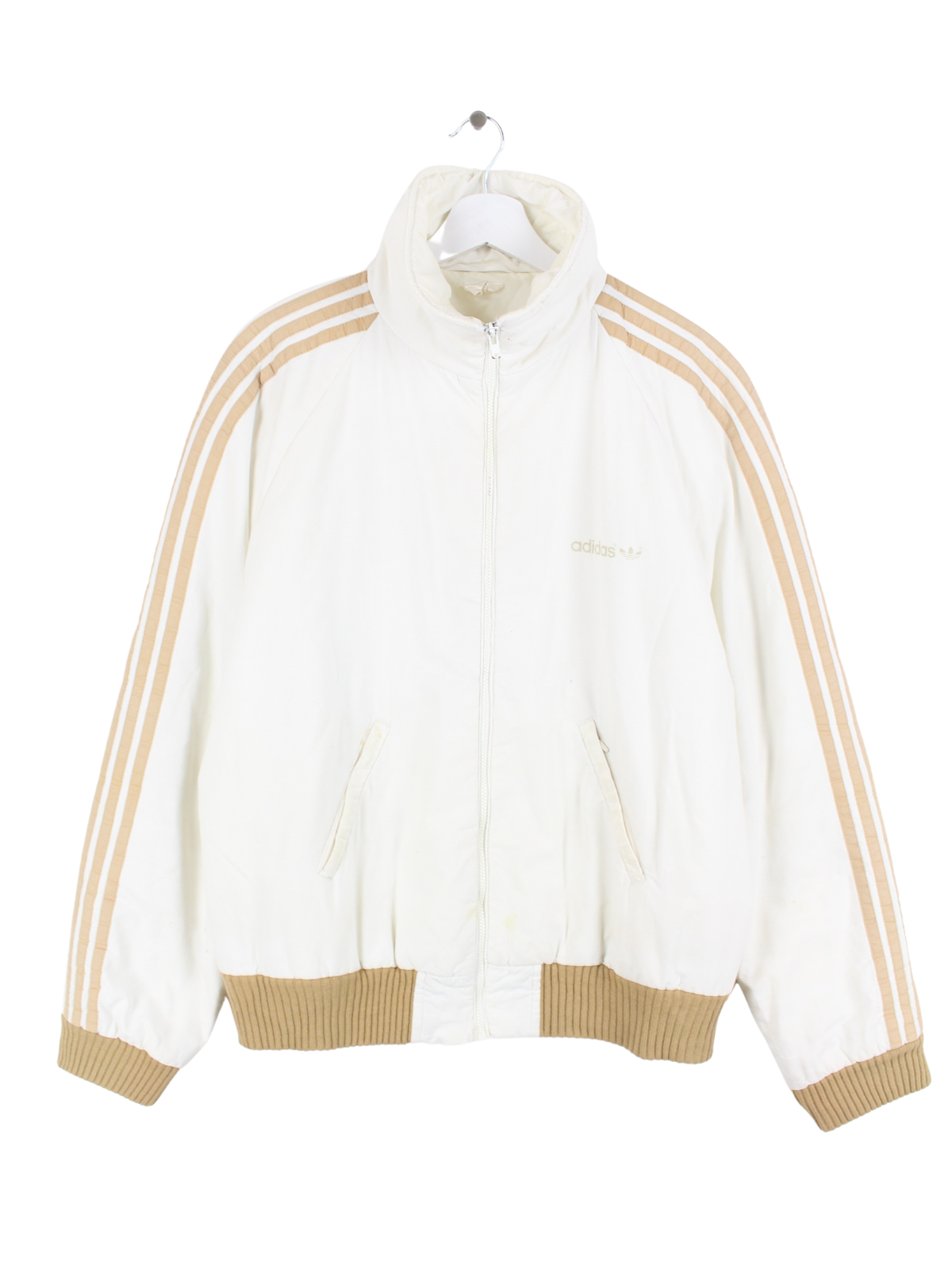white adidas jacket with gold stripes