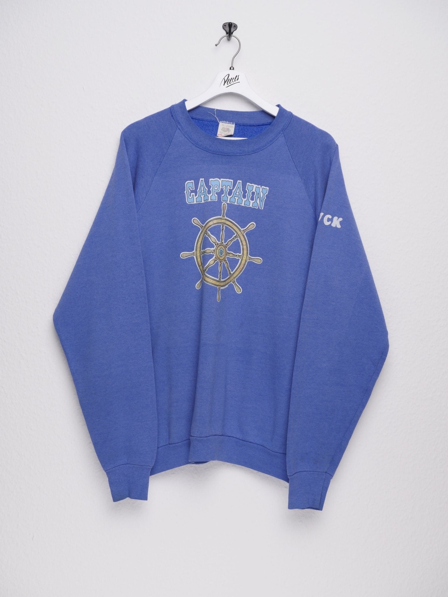 printed 'Captain' Spellout washed blue Sweater - Peeces