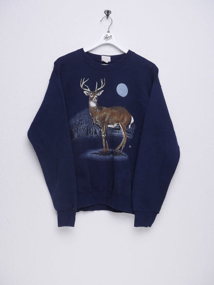 printed Deer Graphic navy Sweater - Peeces