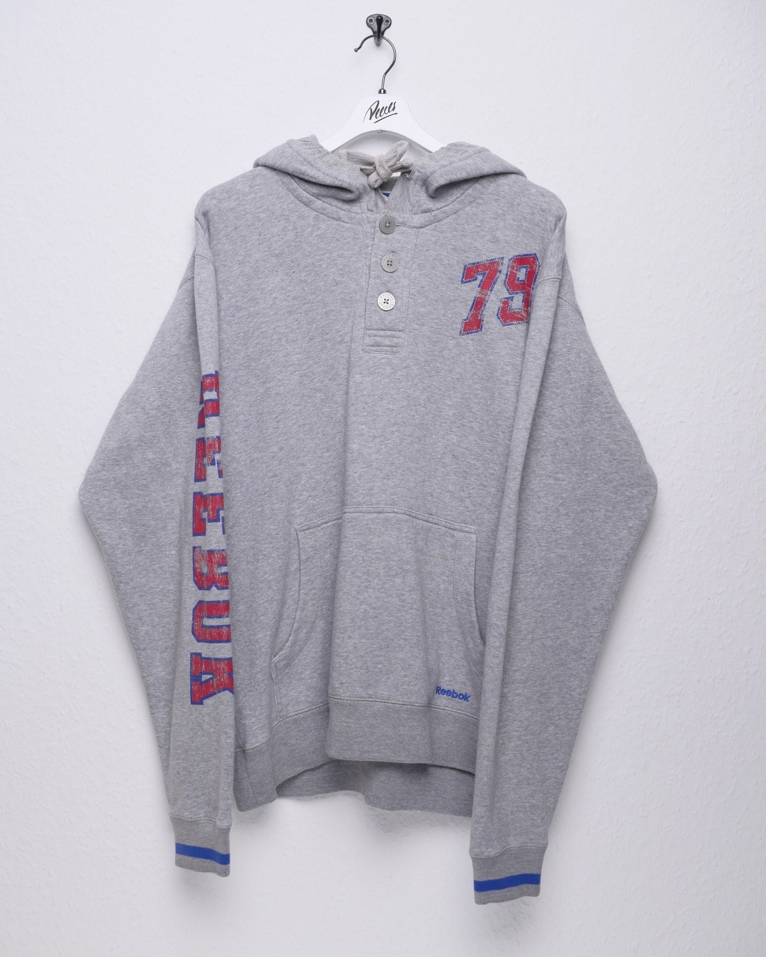 reebok embroidered Spellout grey Half Buttoned Hoodie - Peeces