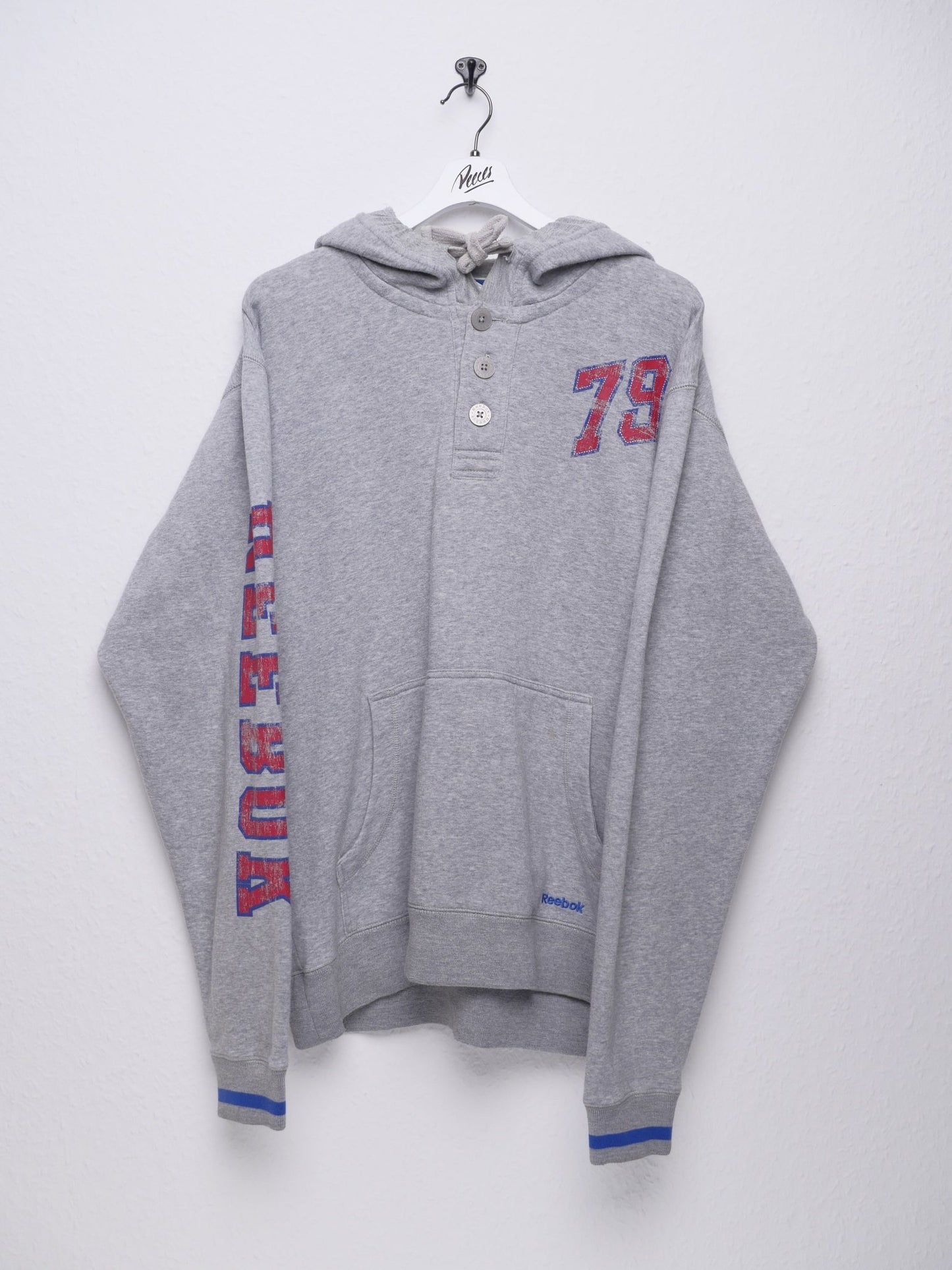 reebok embroidered Spellout grey Half Buttoned Hoodie - Peeces